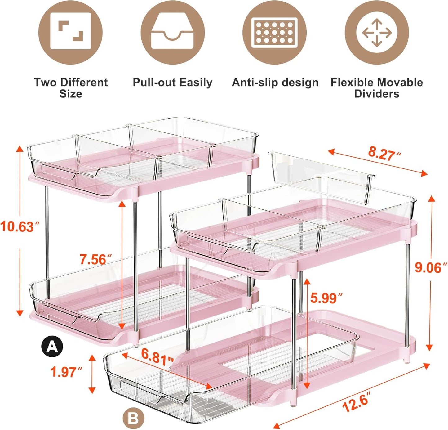 Delamu 2-Tier Multi-Purpose Bathroom Under Sink Organizers and Storage, Stackable Kitchen Pantry Organization, Pull Out Medicine Cabinet Organizer with Movable Dividers, White, 2 Pack
