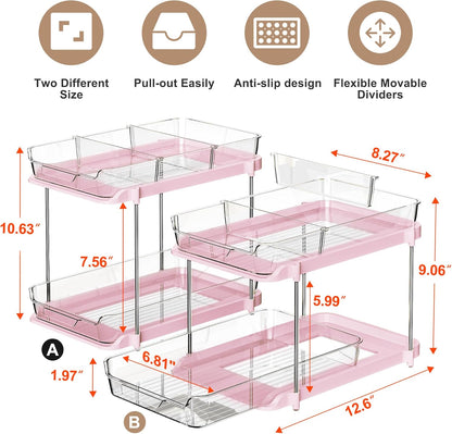 Delamu 2-Tier Multi-Purpose Bathroom Under Sink Organizers and Storage, Stackable Kitchen Pantry Organization, Pull Out Medicine Cabinet Organizer with Movable Dividers, White, 2 Pack