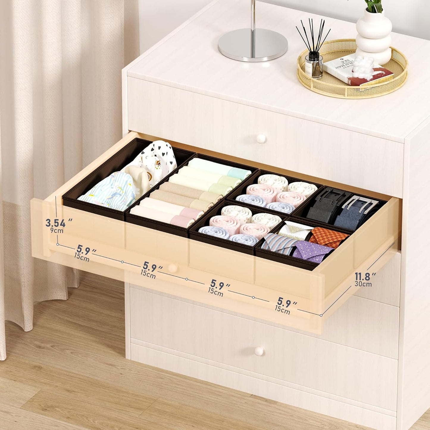 DIMJ Drawer Organizers Clothes, Dresser Organizer Bins for Baby Clothes,Underwear and Sock, Fabric Closet Organization and Storage Boxs, Drawer Dividers for Nursery, Clothing, Tie - 4 Pack, Beige