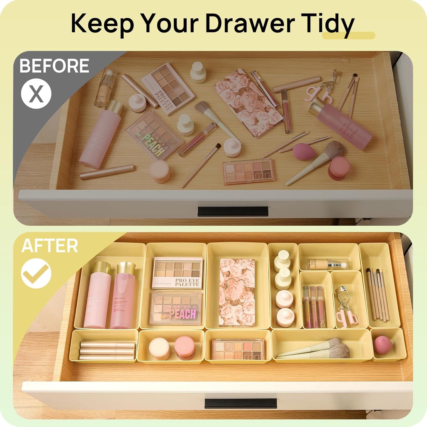Vtopmart 25 PCS Clear Plastic Drawer Organizers Set, 4-Size Versatile Bathroom and Vanity Drawer Organizer Trays, Storage Bins for Makeup, Bedroom, Kitchen Gadgets Utensils and Office