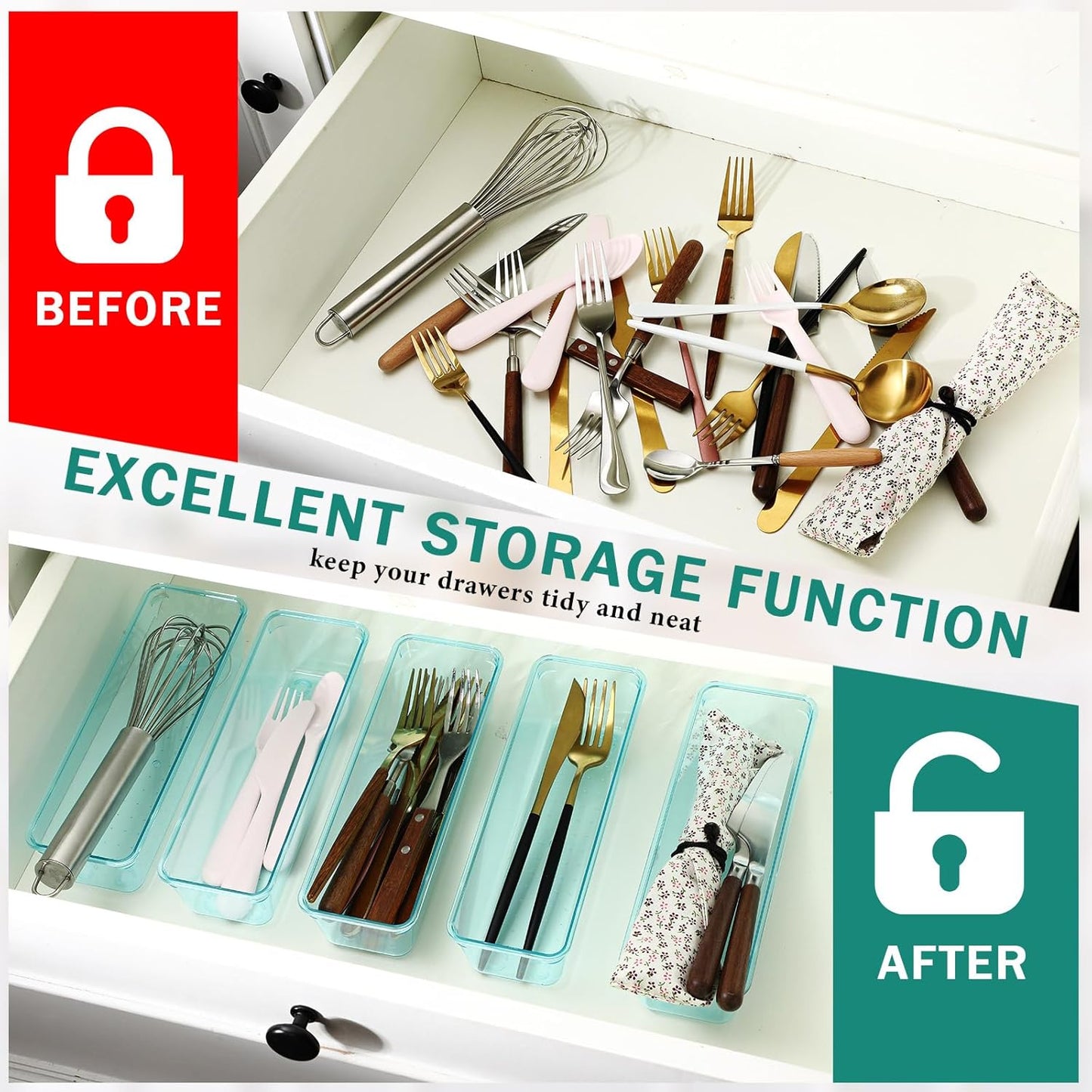 Maitys 12 Pcs Clear Drawer Organizer 9 x 3 x 2 Inches Plastic Rectangle Trays Makeup Vanity Storage Bins and Kitchen Drawers Dividers for Office Desk Silverware Kitchen Utensils(Clear)