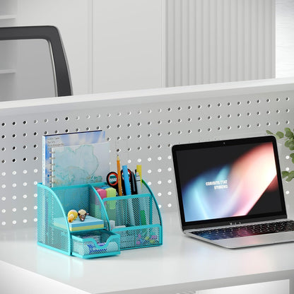 EasyPAG Mesh Desk Organizer with Drawer Multi-functional Pen Holder Stationery Organizer for Office School Supplies 6 Compartments Dorm Organizers and Storage for Desk, Black