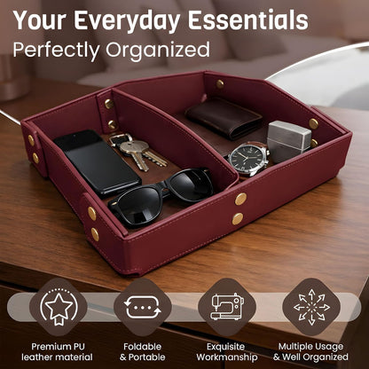 Valet Tray Organizer for Men & Women - PU Leather Catch All Tray with Removable Divider - EDC Storage for Keys, Watch, Phone - Nightstand, Dresser & Desk Organizer - Pacific Navy