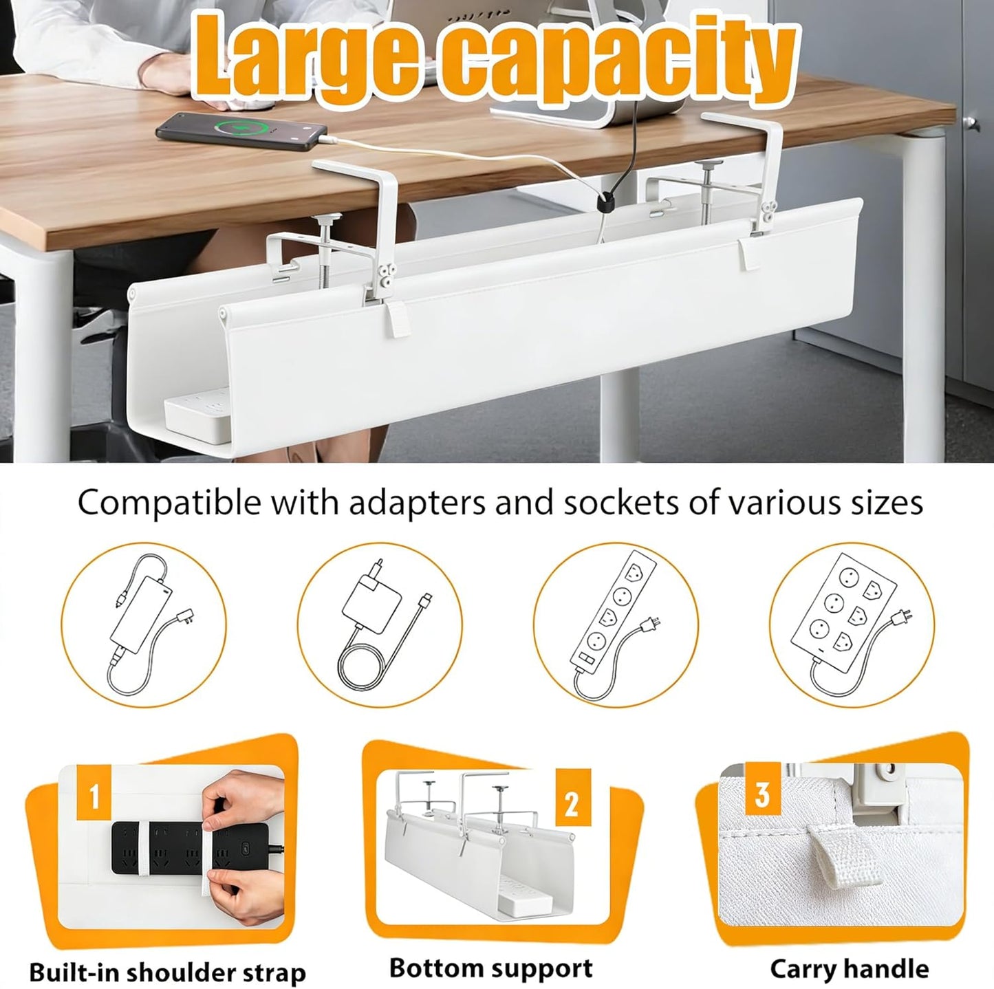 Oxford Cloth Under Desk Cable Management Tray,No-Drill 36" Desk Cable Management Organizer with Clip/Screw Installation,Fabric Cable Management for Home,Office & Gaming Computer(Black)