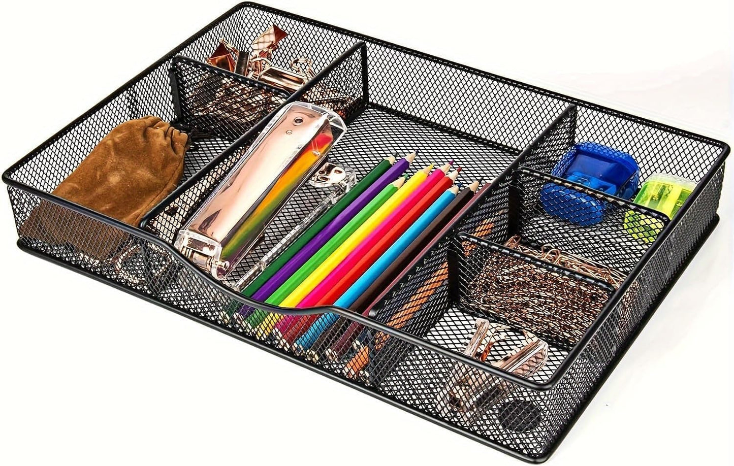 VyGrow Desk Drawer Organizer Tray, Metal Mesh Drawer Organizers Office, 6 Adjustable Compartment, Desk Organizer Tray for Home Office 12.87L x 8.73D x 1.96H inch, Black, 1PC Medium