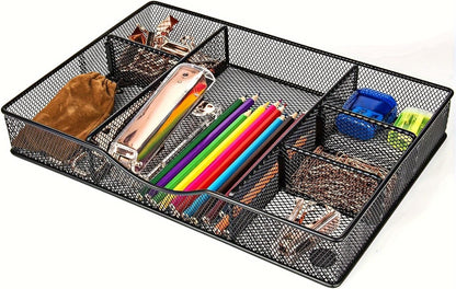 VyGrow Desk Drawer Organizer Tray, Metal Mesh Drawer Organizers Office, 6 Adjustable Compartment, Desk Organizer Tray for Home Office 12.87L x 8.73D x 1.96H inch, Black, 1PC Medium