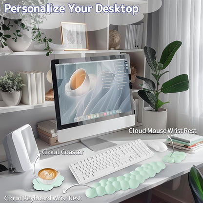 Sushret Cloud Wrist Rest for Keyboard and Mouse, Memory Foam PU Leather Keyboard Wrist Rest with Ergonomic Support, Non-Slip Base, Cute Arm Rest Pad & Palm Cushion, Office Desk Accessory, White