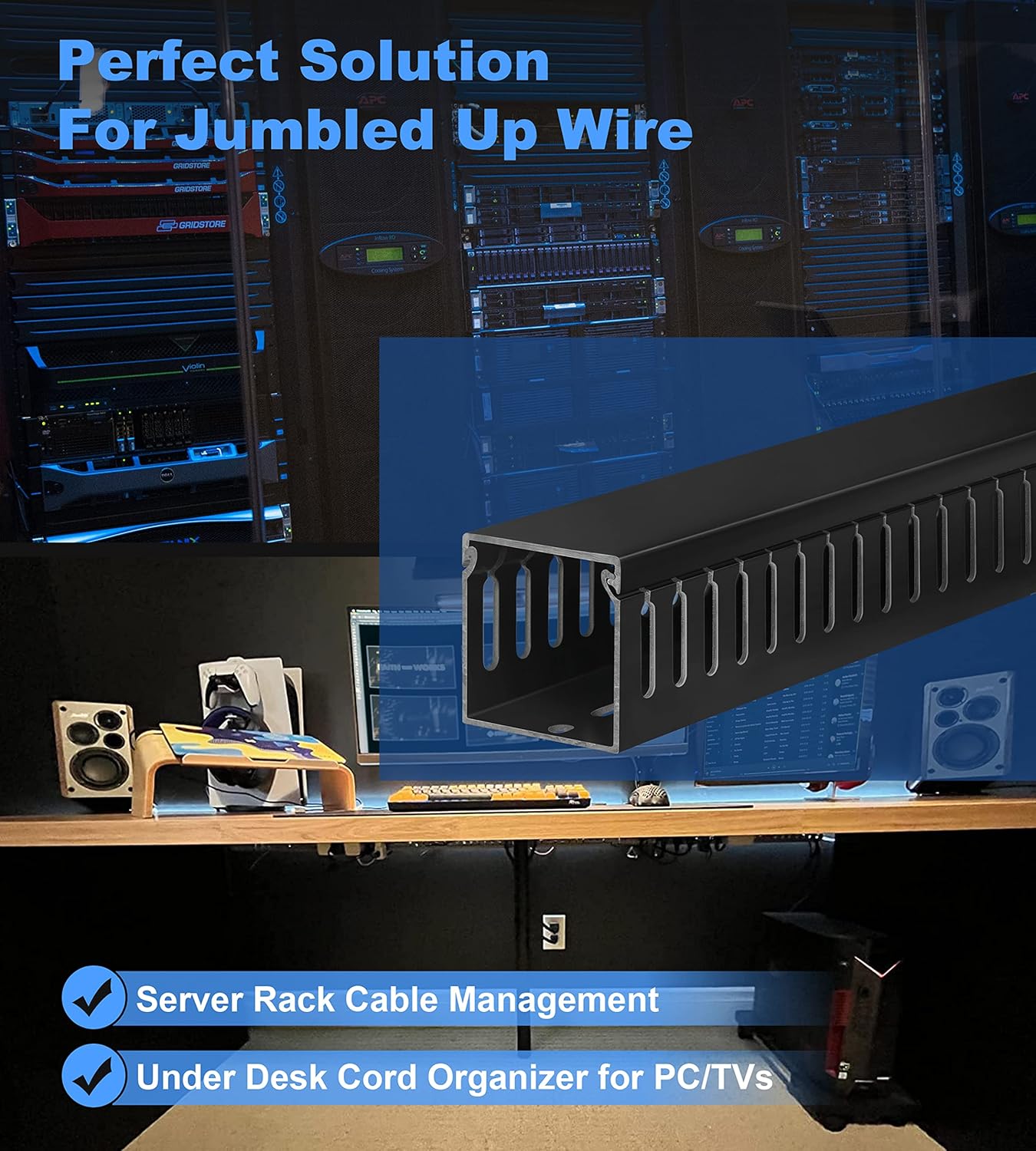 ZhiYo 2 x 2in Professional Server Rack Cable Management Raceway, 99in (6X L16.5in) Cable Raceway Kit, Electrically Safe PVC Open Slot Wire Raceway for Under Desk/Computer/Network Cords, Black