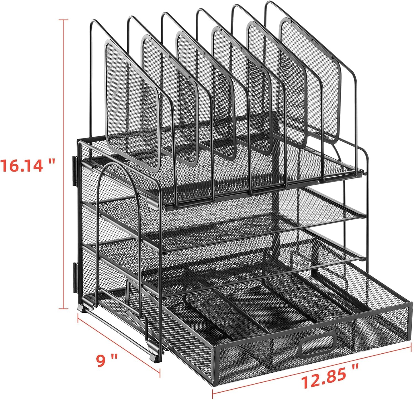 Marbrasse Desk Organizer with Drawer, 4-Tier Mesh File Organizer with 5 Vertical File Holders and 2 Pen Holders, Multifunction Desktop Organizer,Desk Organizers and Accessories for Home Office