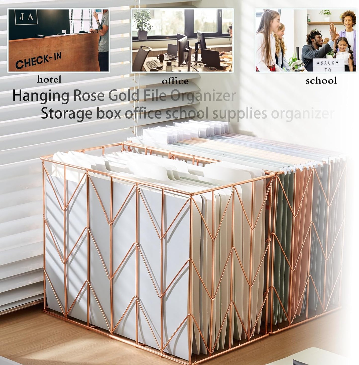 Hanging Rose Gold File Organizer, equipped with a 6-piece set of rose gold desktop accessories