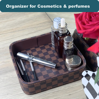 Leather Valet Tray for Men (Solid Wood Inside), Key Trays Bowl for Entryway Table, EDC Catch All Dish, Organizer Decorative Tray for Cologne Jewelry Perfume Watch Wallet- Brown Checkered PU