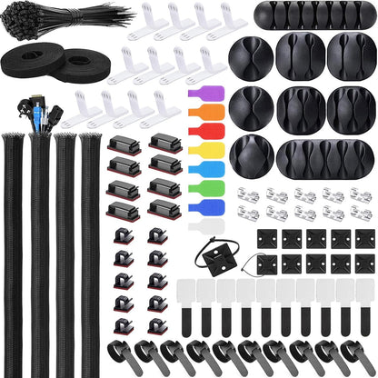 Cable Management Kit - 4 Cable Sleeve, 57 Self Adhesive Cable Clips, 12 Hanging Strips, 12 Cable Organizer Straps and 100 Fastening Cable Ties for TV Computer Under Desk (Black and White)