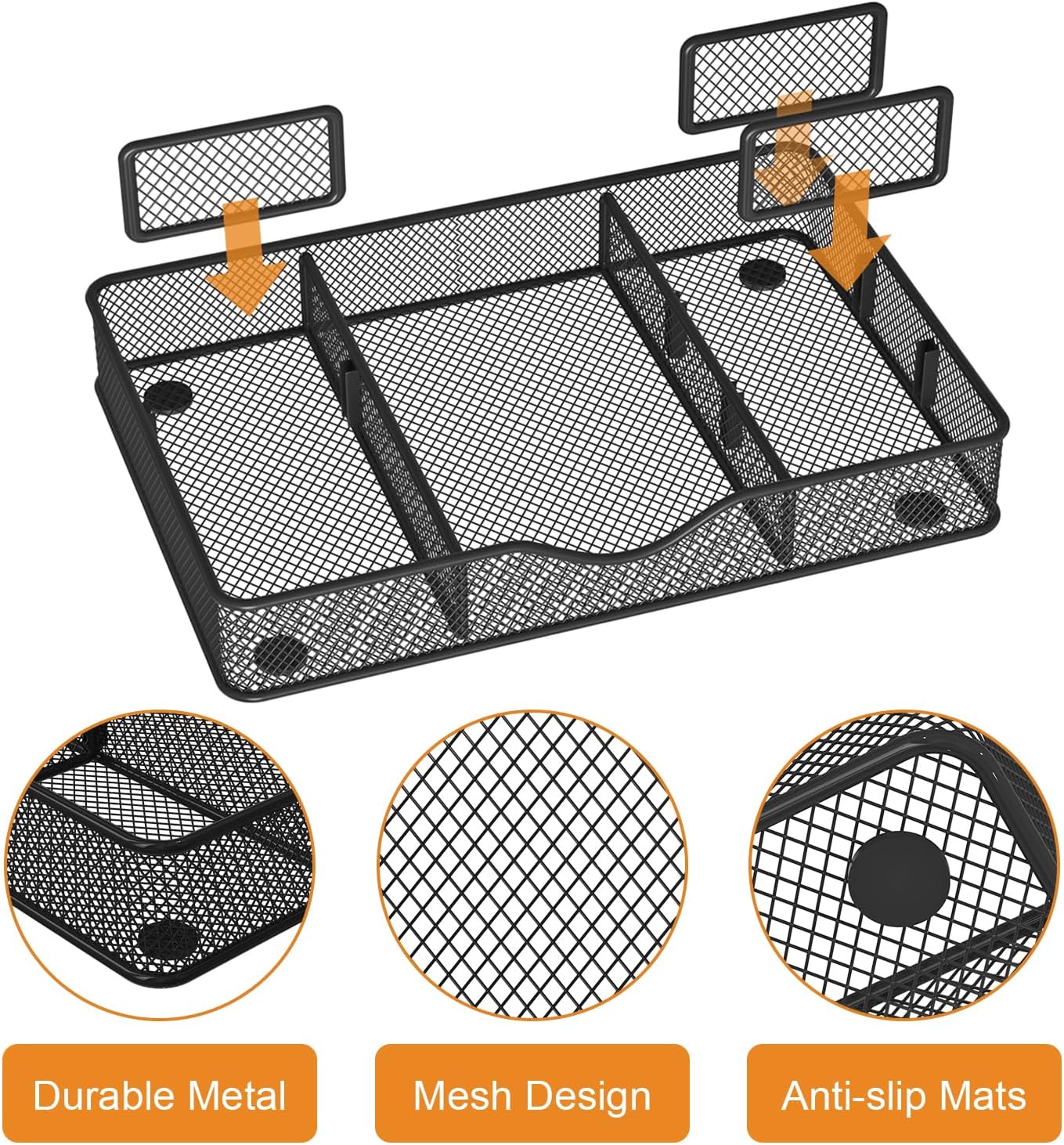 VyGrow Desk Drawer Organizer Tray, Metal Mesh Drawer Organizers Office, 6 Adjustable Compartment, Desk Organizer Tray for Home Office 12.87L x 8.73D x 1.96H inch, Black, 1PC Medium