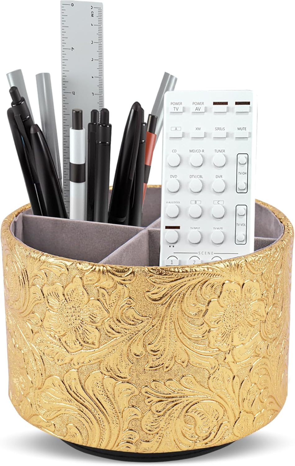 lizimandu Round Leather Art Supply Organizer,Remote Control Holder,360 Degree Spinning,Multi-Functional Pencil Holder,4 Compartments Desktop Stationary Organizer(1-Gold) - Colors B