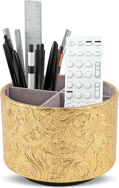 lizimandu Round Leather Art Supply Organizer,Remote Control Holder,360 Degree Spinning,Multi-Functional Pencil Holder,4 Compartments Desktop Stationary Organizer(1-Gold) - Colors B