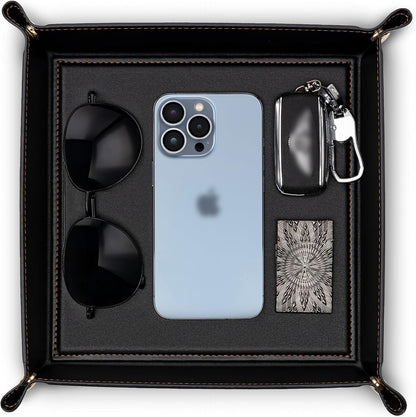 VLANDO Valet Tray for Men Women, Nightstand Organizer Vanity Catchall Holder for Dresser Desk Storage Bedside, Travel PU Leather Jewelry Key Bowl Coin Watches and Candy Entryway Tray - Large, Brown