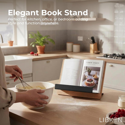 Libken Wooden Book Stand for Reading & Kitchen – Adjustable Cookbook Holder Stand – Rubberwood & Metal Recipe Book Holder – Tablet & Smartphone Stand – Minimal Scandinavian Design - Black
