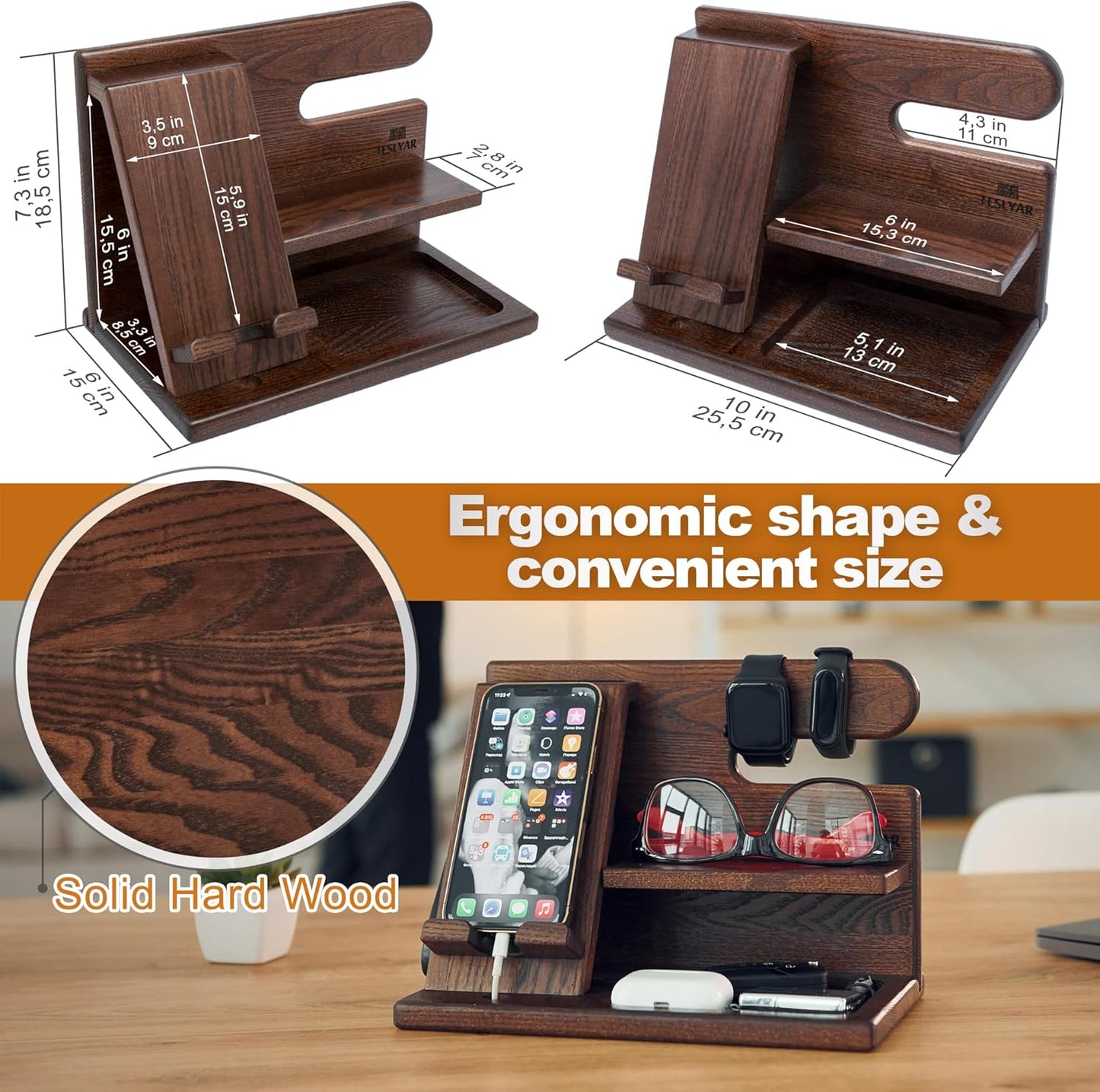 TESLYAR Wood Phone Docking Station for Men - Desktop or Nightstand Organizer - Birthday Gifts for Men, Dad - Anniversary Idea from Wife - Key Holder, Stand Wallet, Watch & Essentials (Granite Black)