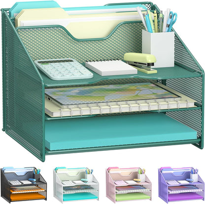Samstar Desk File Organizer, Mesh Letter File Folder Holder with 3 Paper Trays and 2 Vertical Upright Section, for Office Supplies,Desk Accessories & Workspace,Black.
