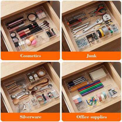 Large Acrylic Desk Deep Drawer Organizer with Adjustable Dividers, Anti-skip Clear Desk Top Junk Drawer Storage Tray for Pens, Desktop, Office, Bathroom, Kitchen, Makeup Supplies(7 Compartments)