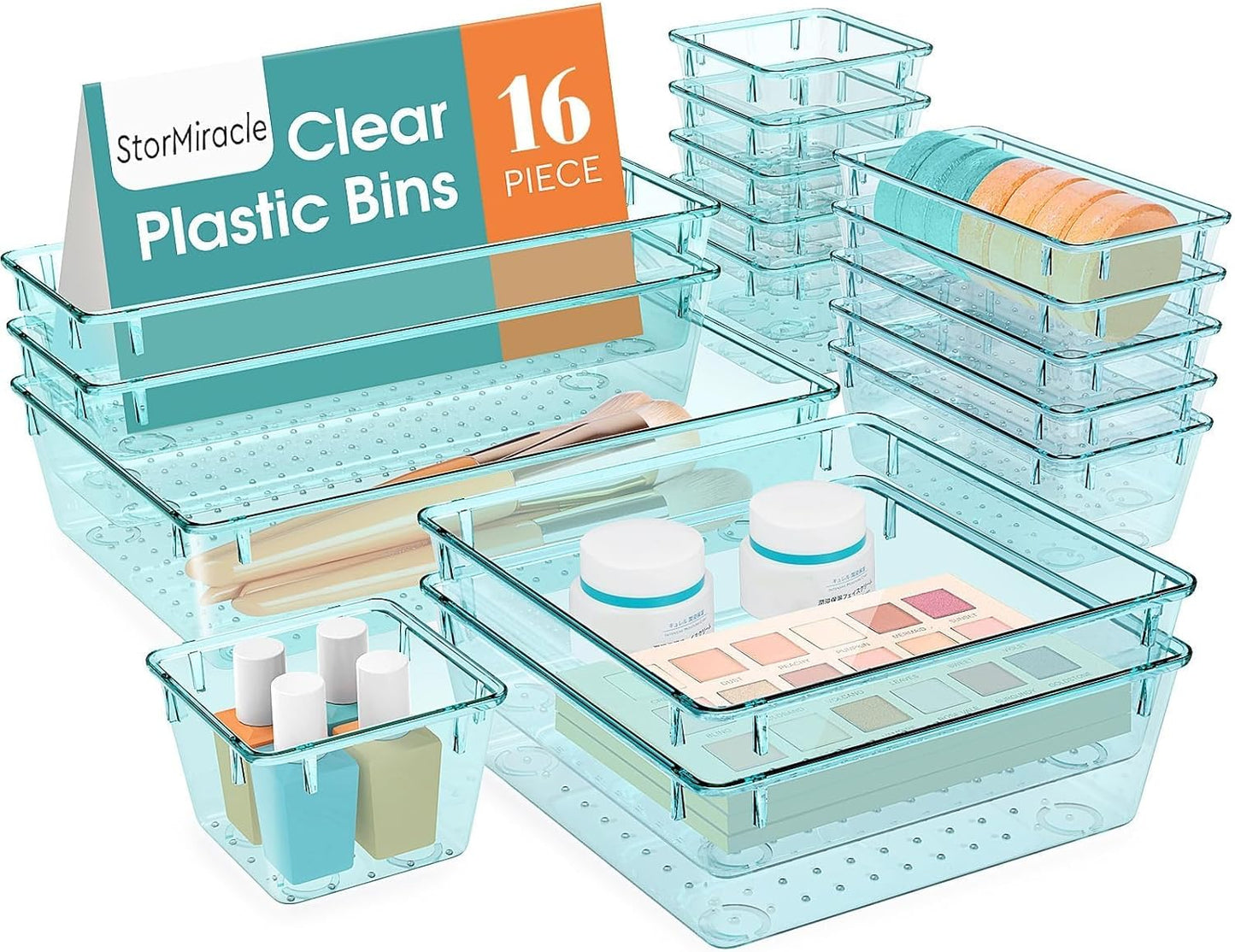 StorMiracle 16 PCS Drawer Organizer Set, 5 Varied Size Bathroom and kitchen Drawer cabinet organizer Trays, Clear Storage Bins for Makeup, Jewelry, Utensils and Gadgets