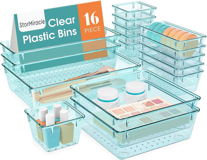 StorMiracle 16 PCS Drawer Organizer Set, 5 Varied Size Bathroom and kitchen Drawer cabinet organizer Trays, Clear Storage Bins for Makeup, Jewelry, Utensils and Gadgets