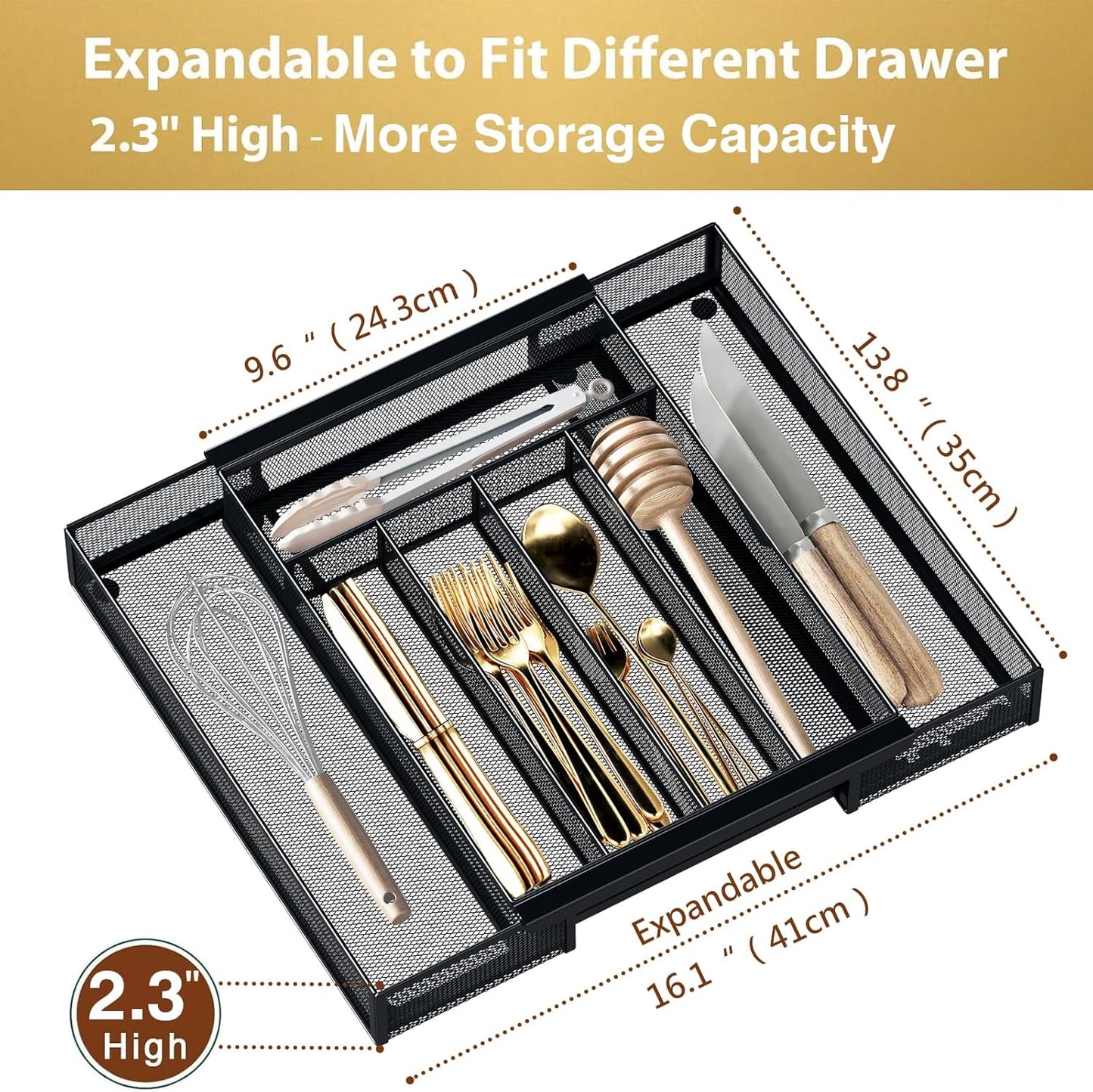 Sedegn Silverware Organizer Metal Mesh, Small Drawer Organizer, Utensil Cutlery Tray for kitchen drawers, Flatware Organizer with 5 Compartment, Black(9.3"*12.6")