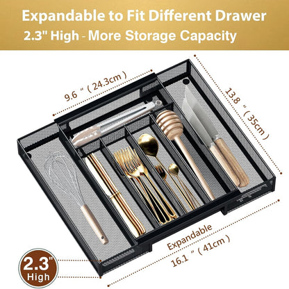 Sedegn Silverware Organizer Metal Mesh, Small Drawer Organizer, Utensil Cutlery Tray for kitchen drawers, Flatware Organizer with 5 Compartment, Black(9.3"*12.6")