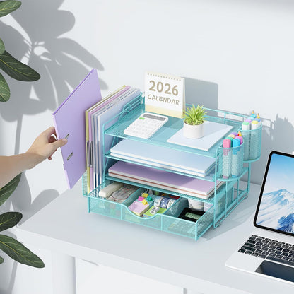 gianotter Desk Organizers and Accessories with File Holder, 4-Tier Desk Accessories & Workspace Organizers with Drawer and 2 Pen Holder, Paper Organizer for Office Supplies (Rose Gold)