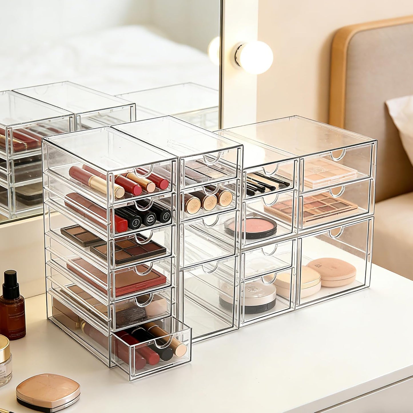 Prsildan Acrylic Makeup Organizer, 2 Pack Stackable Storage Drawers with 6 Drawers for Office Desk Vanity Craft Room Clear Drawer Organizers for Hair Accessories Art Supplies Cosmetics Modular System