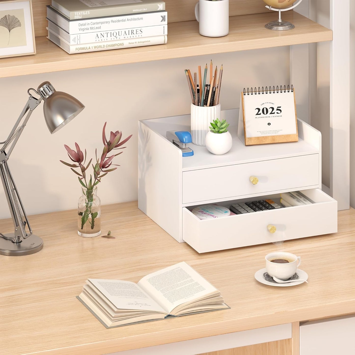 Bamboo Desk Organizer - Stackable, No Assembly Required, Ideal for Office/Home Use - Perfect for Toiletries, Stationery, Accessories. (White, Fence three Desk Organizer)