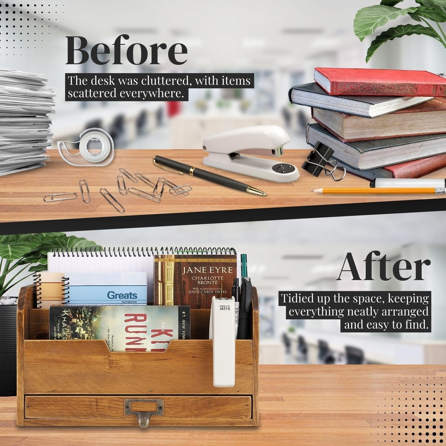 Flexzion 3 Tier Wooden Desk Organizer - Country Rustic Compartments Slot File Tray Pencil Sorter Shelf Holder Supplies Rack Accessories Set with Storage Drawer for Desktop Tabletop Office Home Brown