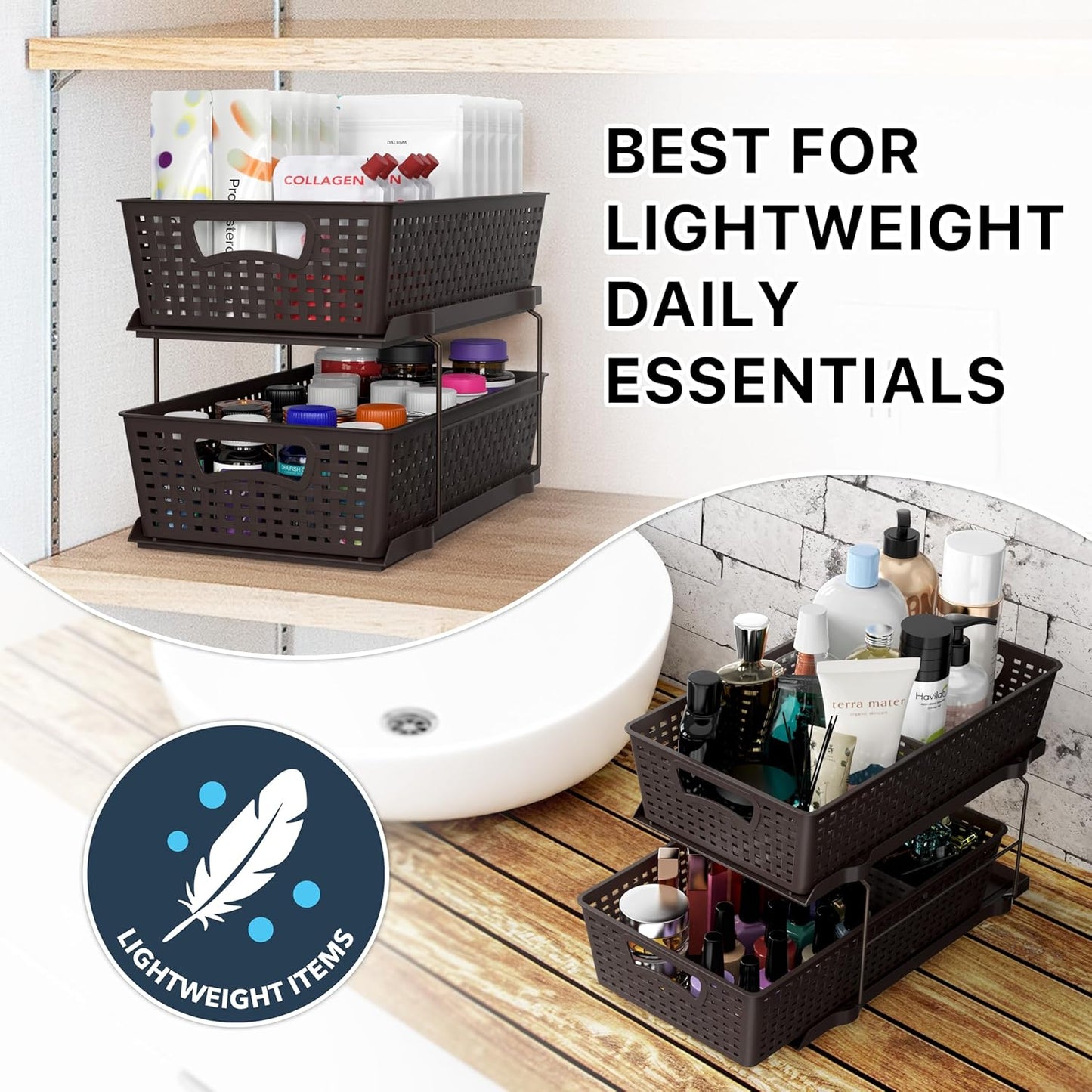 Simple Houseware 2 Tier Bathroom Organizer Tray Pull-Out Sliding Drawer, Under Sink Storage, Black