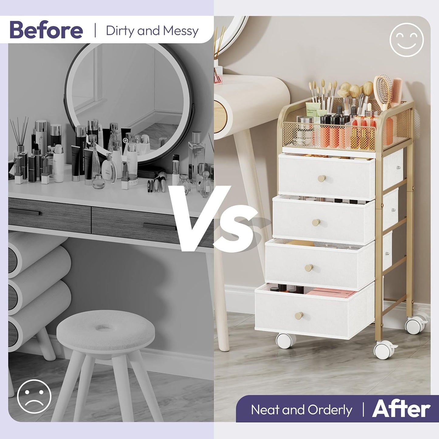 SWTYMIKI Rolling Makeup Organizer Cart - Under Desk Vanity Makeup Storage with 3 Non-woven Drawers, Nail Cart Organizer Cosmetic Display Cases Cabinet for Skin Care Perfume Nail Polish Brush Hair Tool