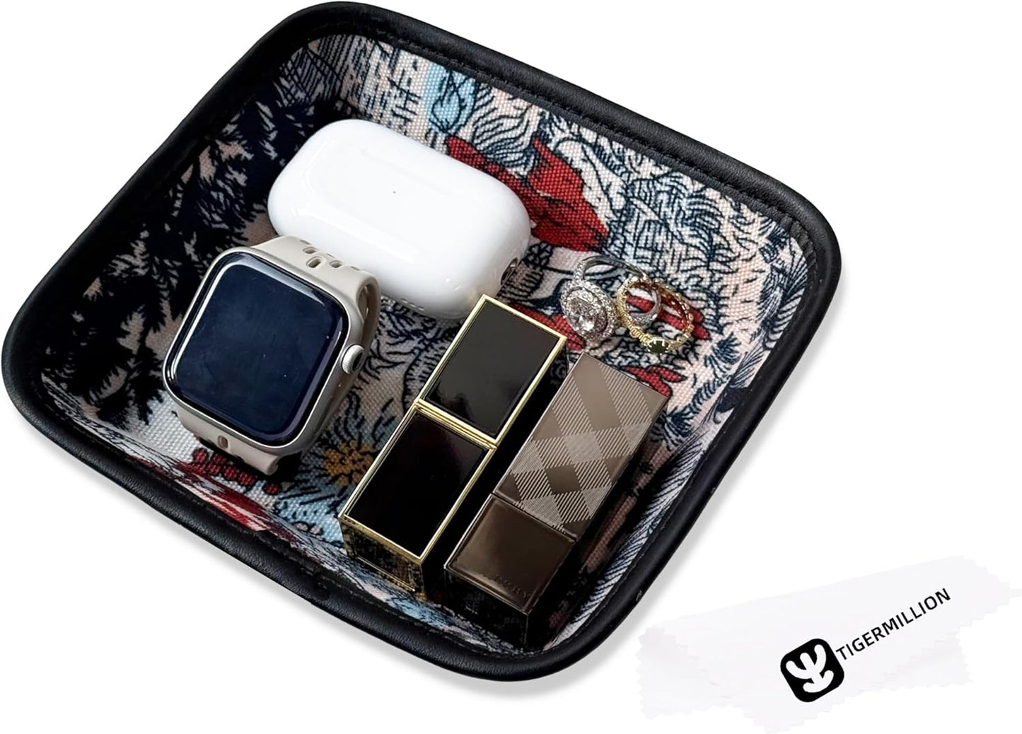 Decorative Catchall Tray with Jewelry Cleaning Cloth - Jewelry Organizer Trays for Keys, Watch, Jewelry, Cosmetics, Candy - Valet Tray Organizer for Bedroom, Nightstand, Entryway Table (Orange-Red)