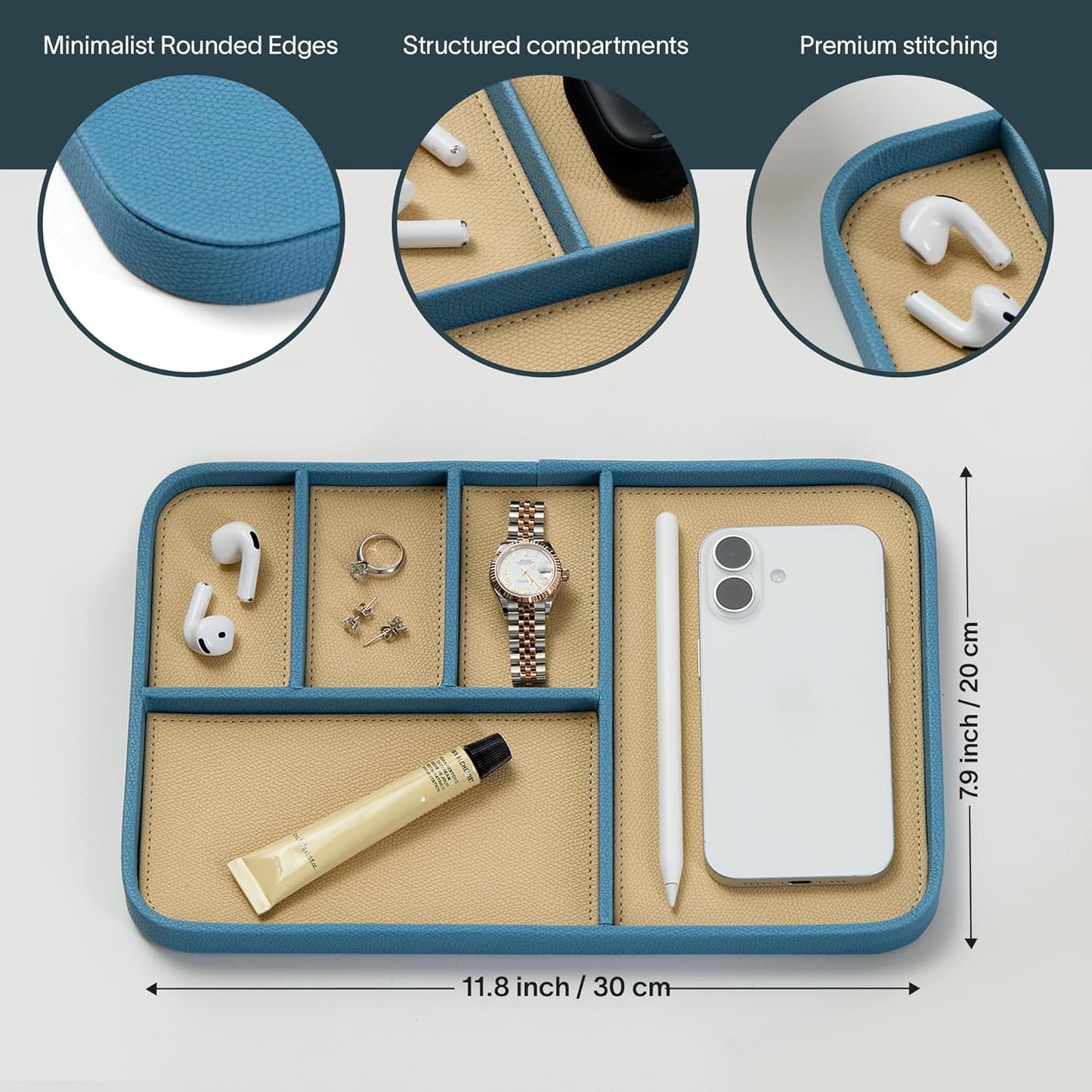 Nordik Leather Valet Tray - Sand Brown - 9.5 x 7.9 Inch Medium Vegan Leather Tray - Stylish Nightstand Organizer for Men - Modern Bedside Caddy - EDC Catchall for Key Watch Wallet Jewellery