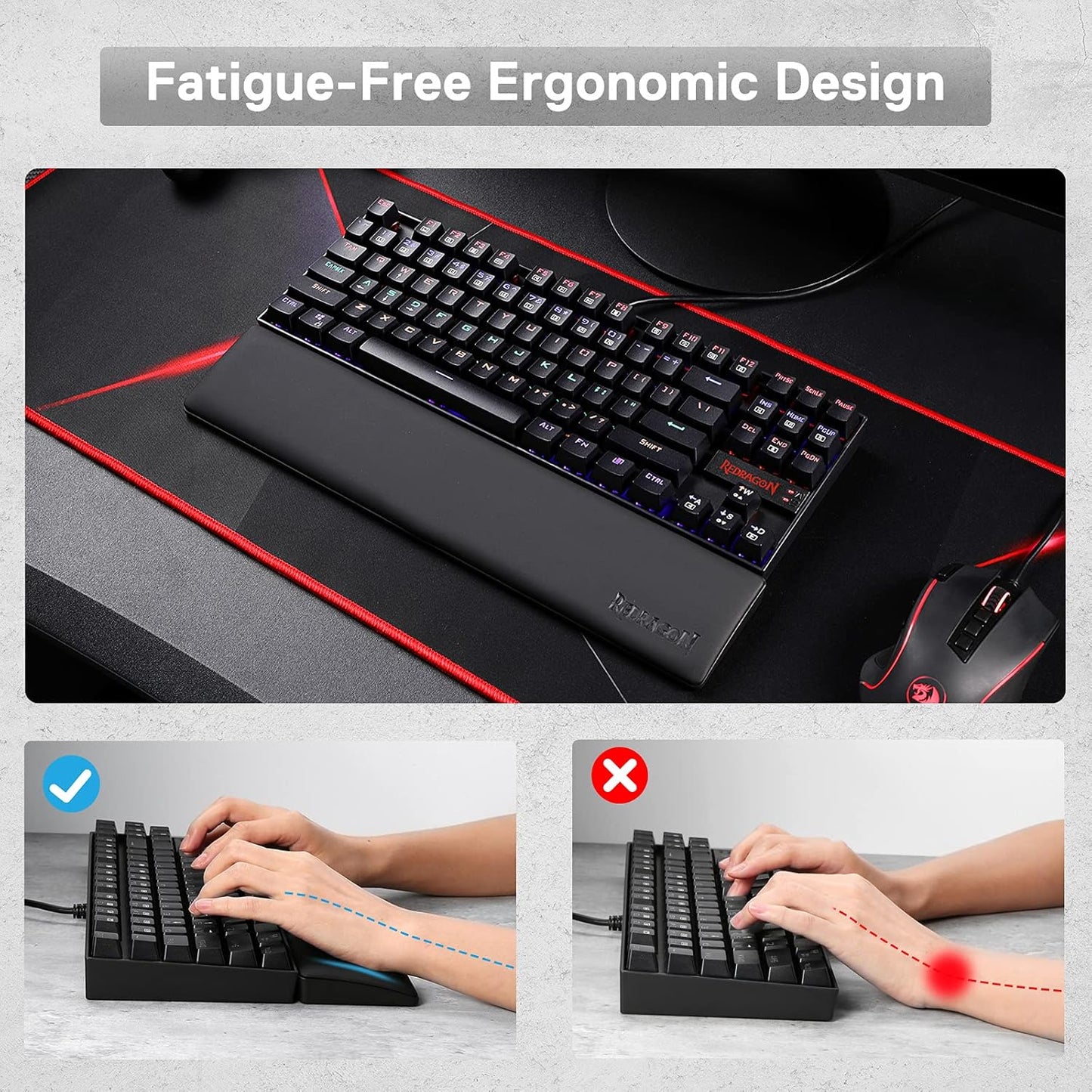 Redragon P035 Meteor S Computer Keyboard Wrist Rest Pad, Ergonomic Soft Memory Foam Wrist Support w/Anti-Slip Rubber Base, 60% 61 Keys Compact Size 11.38 x 2.87 in, 0.78 inch (20mm) Height, Black