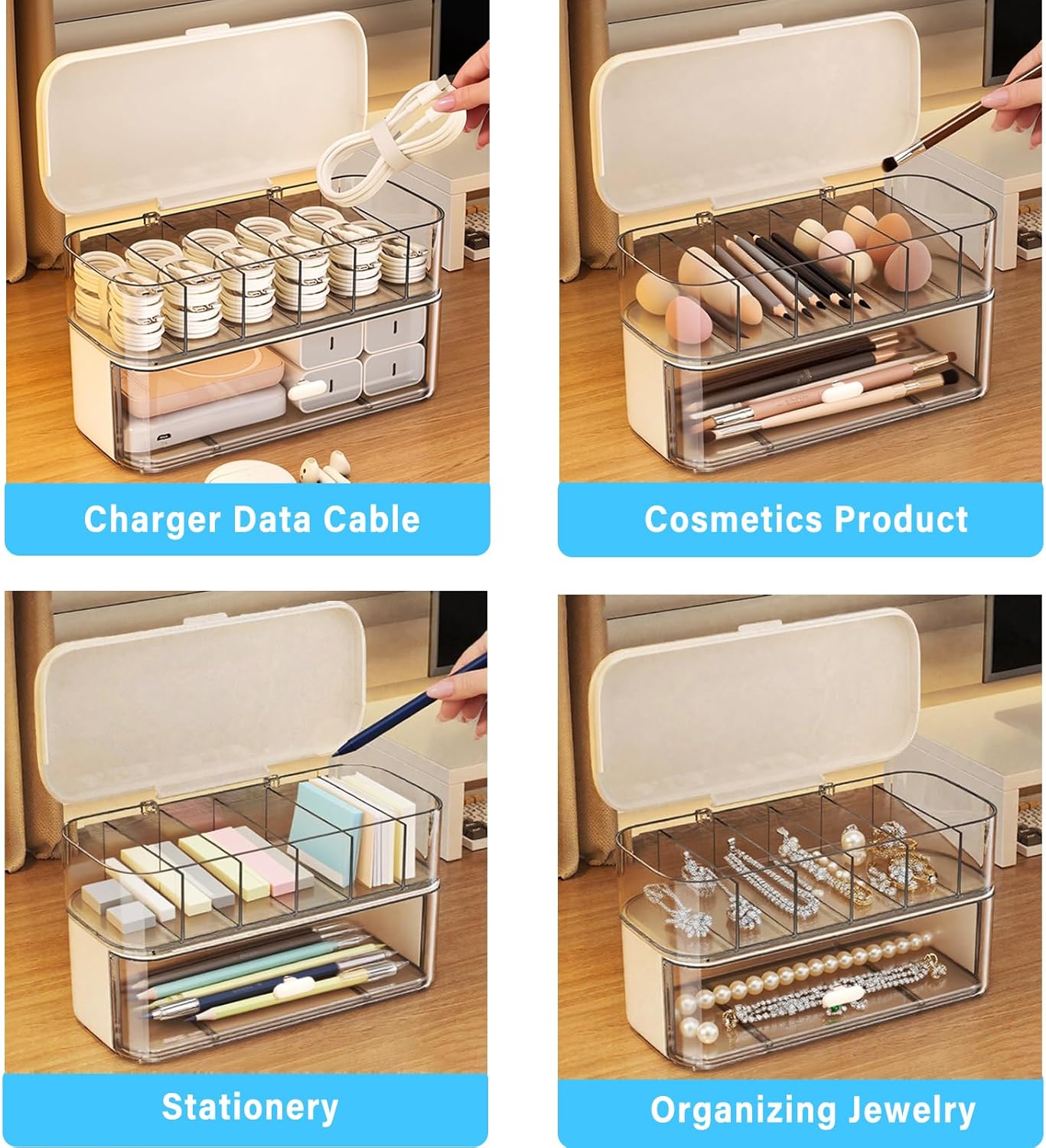 RayHenry 2 PCS Stackable Cable Organizer Storage Box, Desktop Cord Management Box for Chargers, Jewelry, Hair Ties, Cables, Desk Organizer with Drawer