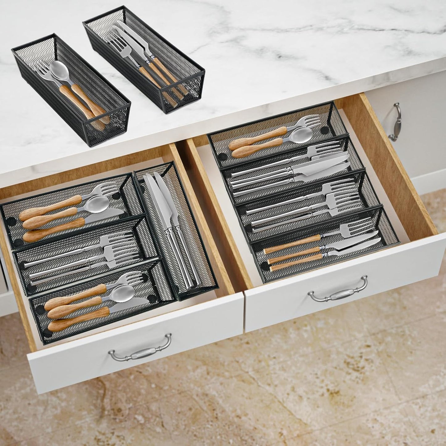 Neudeco Drawer Organizer Set 6 Pack - 5-Compartment Silverware Organizer Tray + 5 Utensil Trays, Kitchen Drawer Organizer for Flatware, Cutlery, Office Supplies, Black Mesh, Non-Slip.