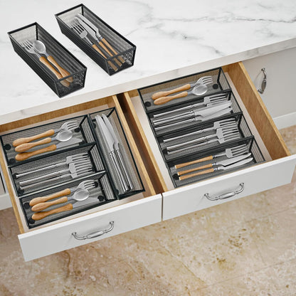 Neudeco Drawer Organizer Set 6 Pack - 5-Compartment Silverware Organizer Tray + 5 Utensil Trays, Kitchen Drawer Organizer for Flatware, Cutlery, Office Supplies, Black Mesh, Non-Slip.