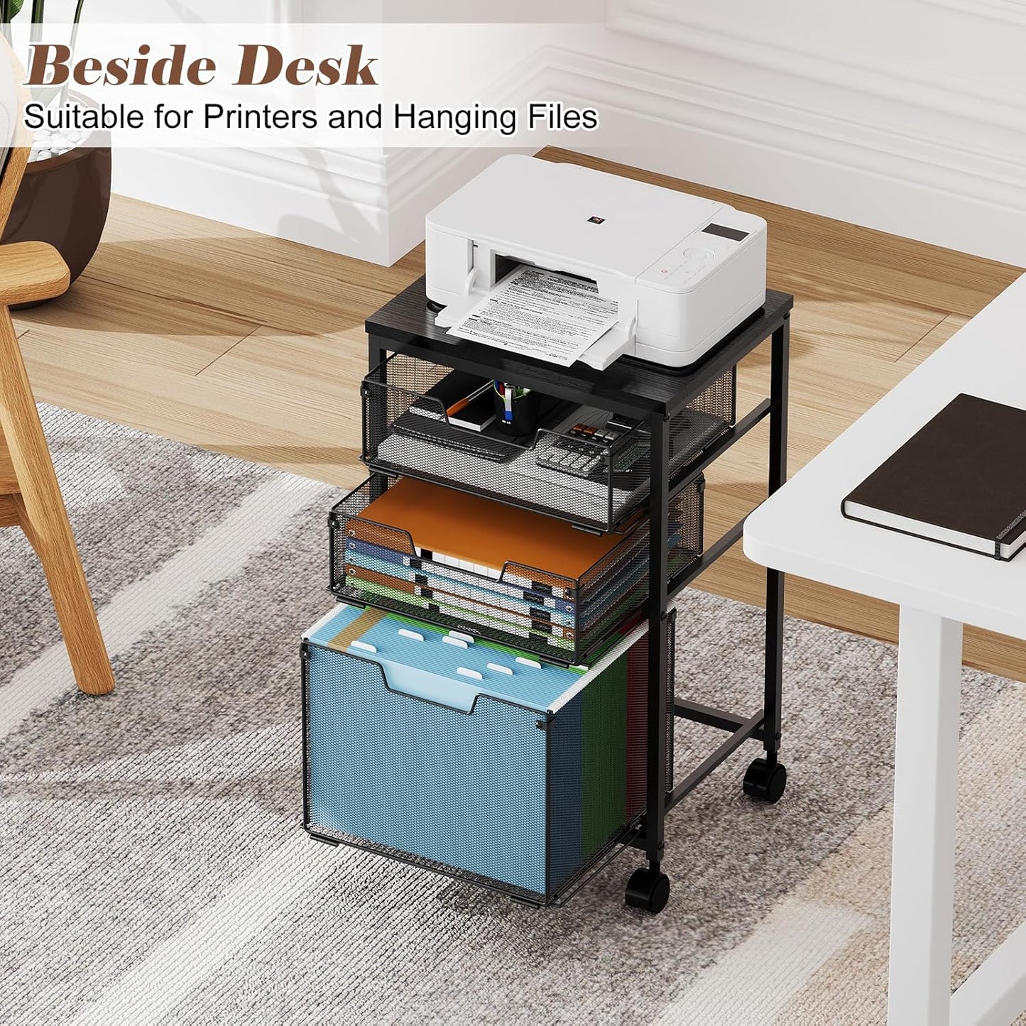 Sbanmao Rolling File Cart with 2 Storage Drawers, Mobile File Cabinet with Wheels, Hanging File Folder Organizer, Under Desk Storage, Printer Stand Utility Cart Filing Cabinet for Home Office,Black