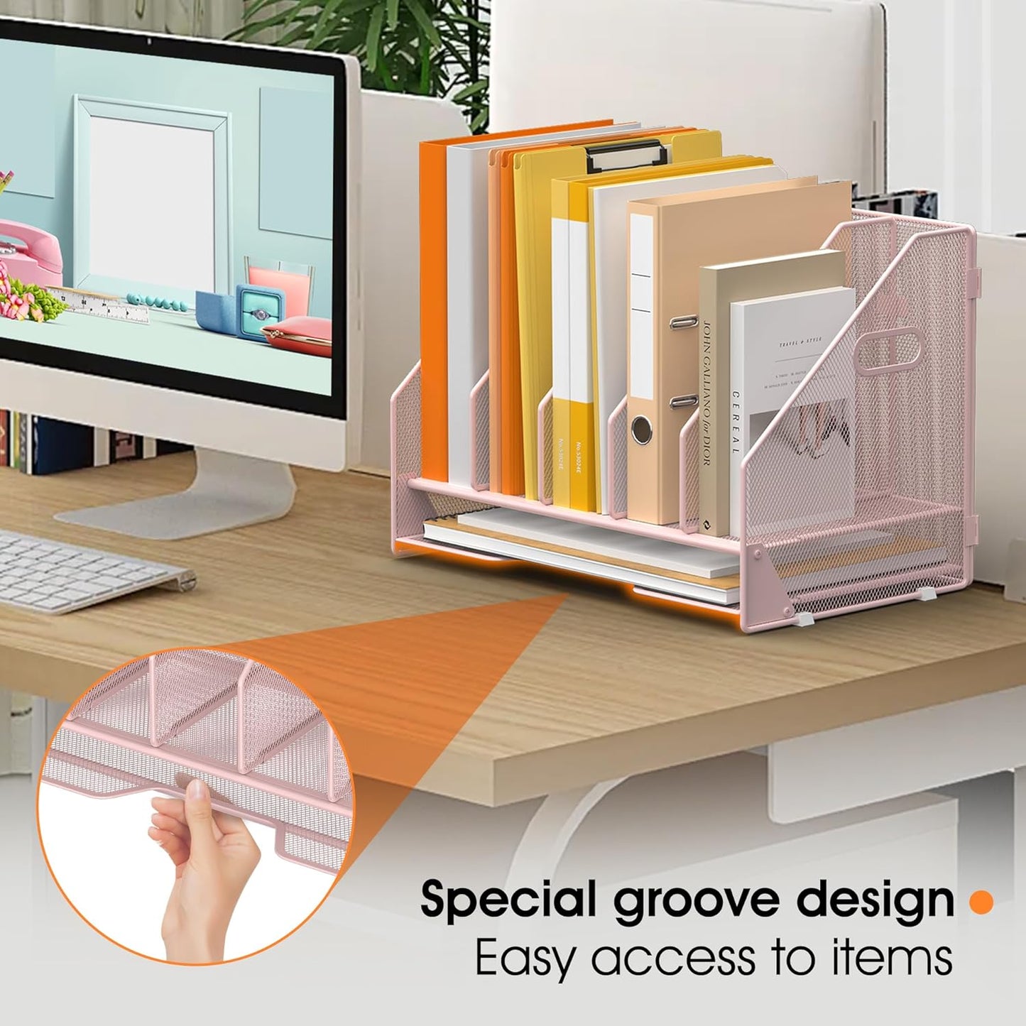 Desk File Folder Holder Organizer-5 Vertical Compartments Racks and Paper Letter Tray,Mesh Magazine File Holder Sorter,Desktop Accessories & Workspace Organizers for Home,Office,School-Black