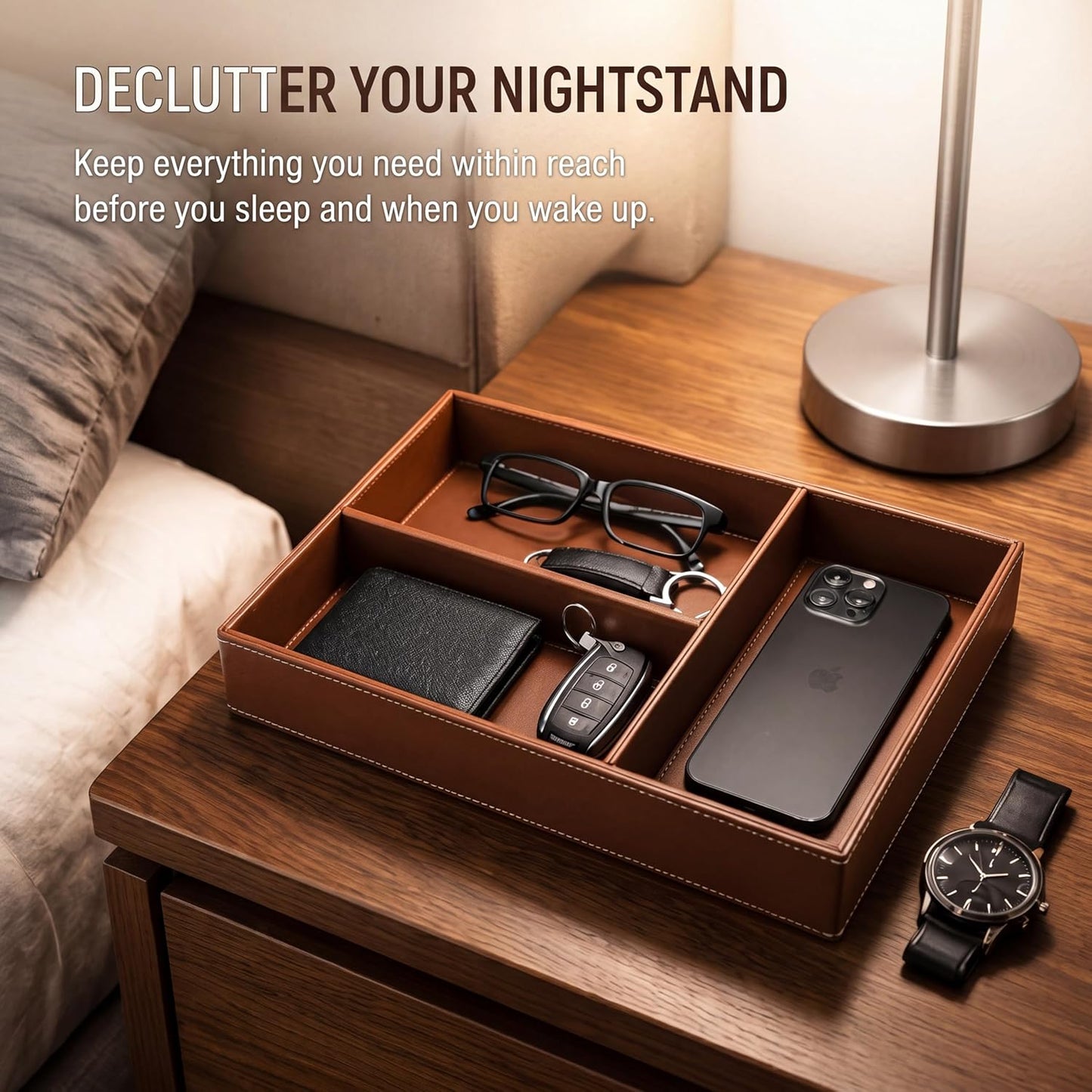 LemonRoad Leather Valet Tray for Men, Vegan Leather EDC Catch-All Organizer, Nightstand Entryway Bedside Storage Caddy for Keys, Wallets, Watches, Phones, Coins & Small Trinkets, Classic Brown