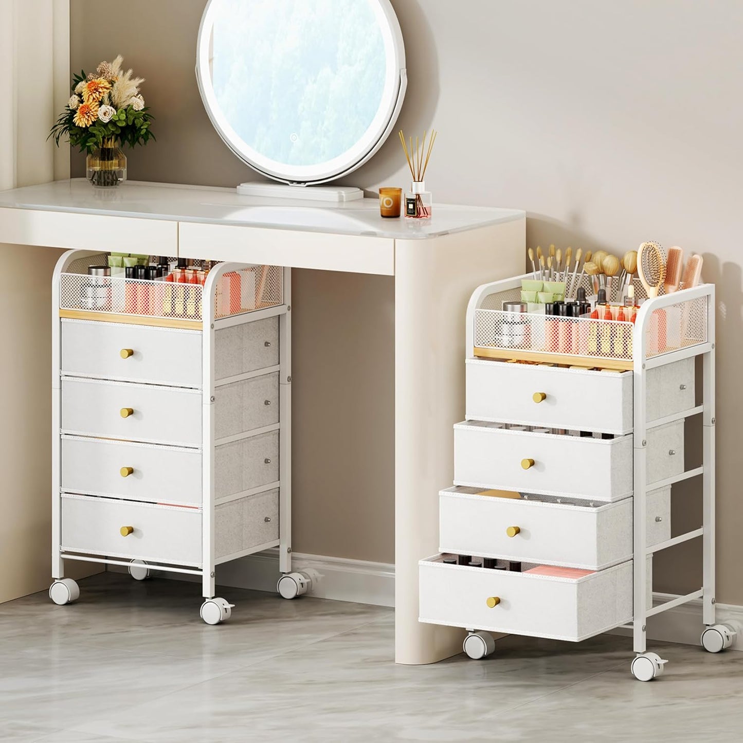 SWTYMIKI Rolling Makeup Organizer Cart - Under Desk Vanity Makeup Storage with 3 Non-woven Drawers, Nail Cart Organizer Cosmetic Display Cases Cabinet for Skin Care Perfume Nail Polish Brush Hair Tool