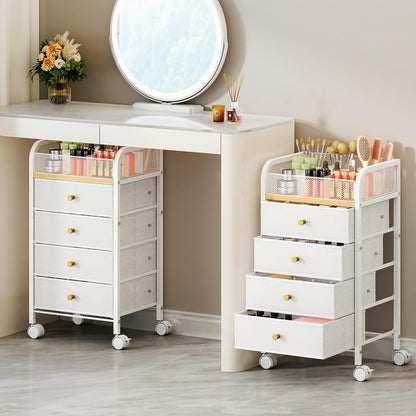 SWTYMIKI Rolling Makeup Organizer Cart - Under Desk Vanity Makeup Storage with 3 Non-woven Drawers, Nail Cart Organizer Cosmetic Display Cases Cabinet for Skin Care Perfume Nail Polish Brush Hair Tool