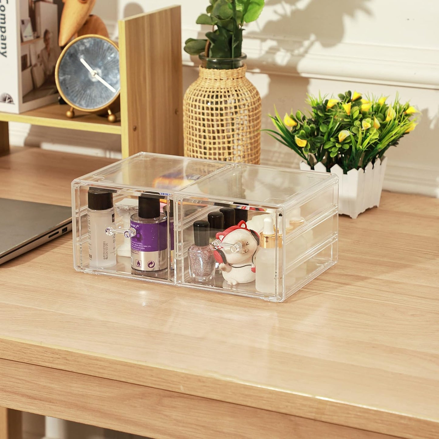 Cq acrylic Drawer Organizer with 3 Long Drawers,Stacking Office Supply Organizer and Desk Pen Storage and Stationary Organizer,Clear Makeup Storage Organizer for Palettes,Cosmetic, Beauty for Vanity