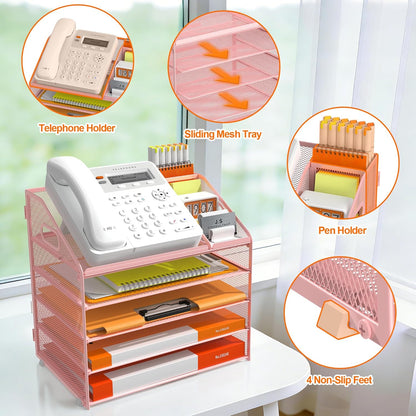 DocNest 4 Tier Metal Mesh Letter Tray - Space Saving Desk File Organizer with Handle, Pen Holder & Folder Holder - Desktop Document Sorter for Office, Home, School, Classroom - Black