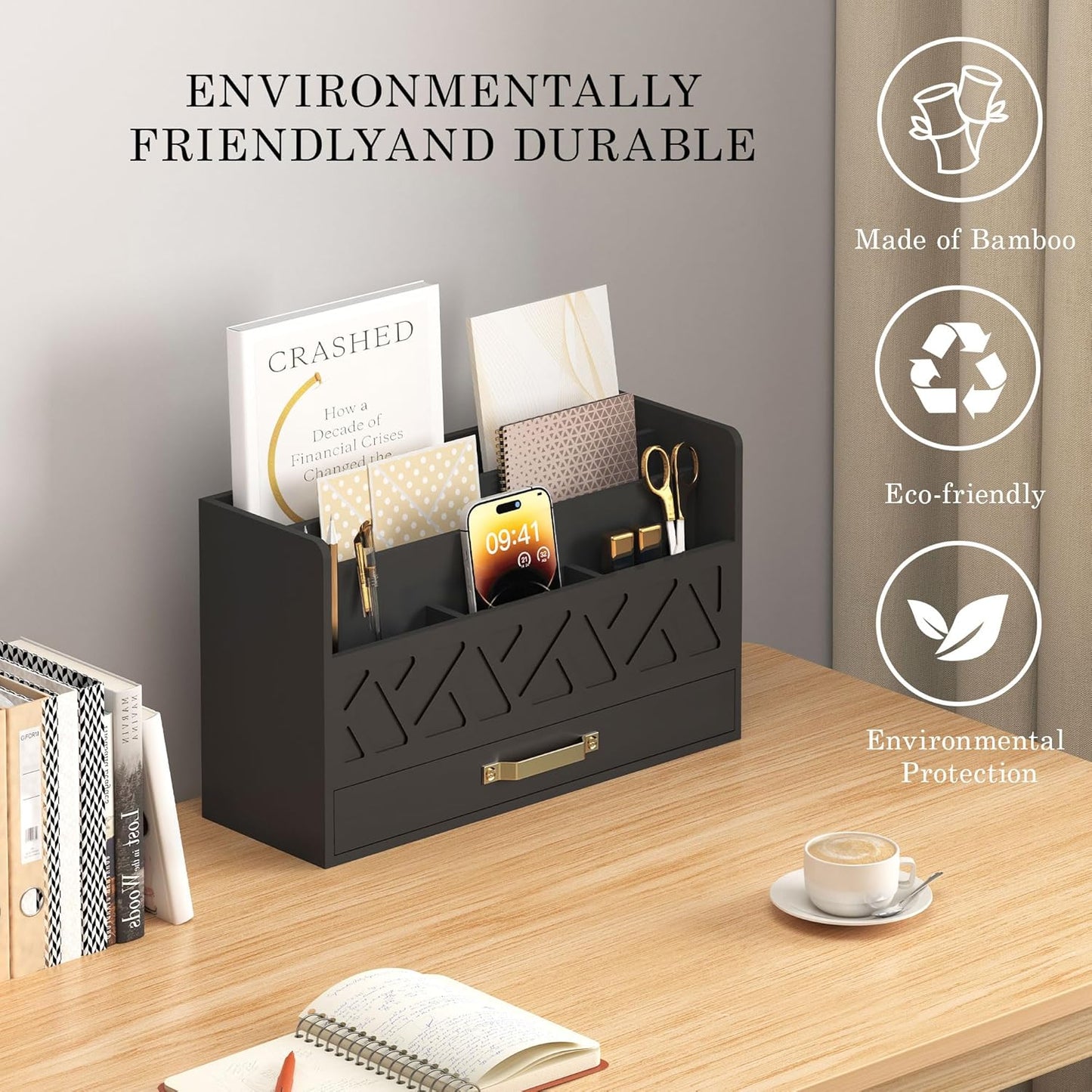 WISUCART Bamboo Desk Organizer Mail Holder Countertop Wood Desk Drawer Tabletop Storage Box Pen Holder Letter Sorter Makeup Organizer for School Home Office Supplies with Pen Holder White