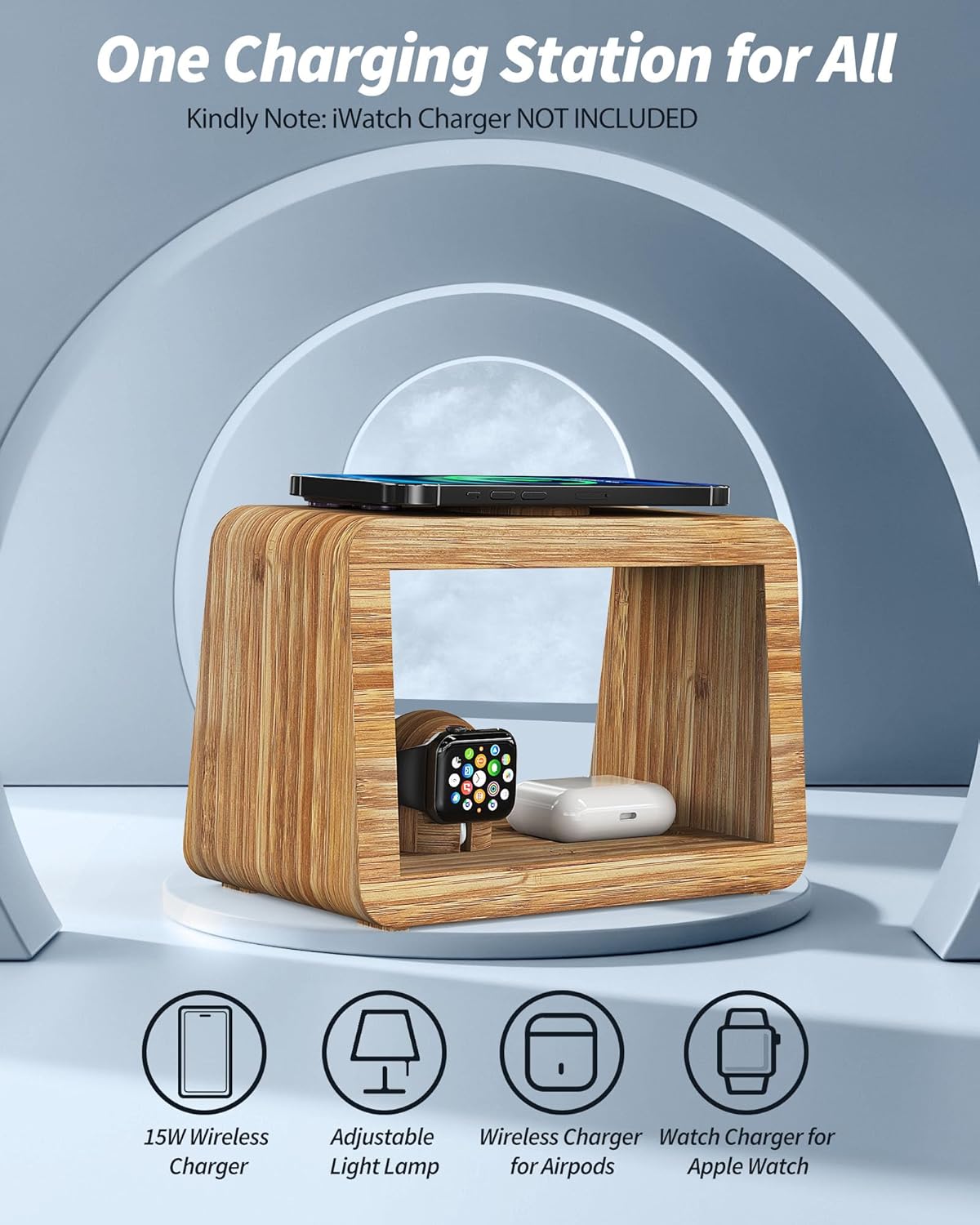 Bamboo Wireless Charging Station with Alarm Clock & Night Light, 3 in 1 Charging Station for iPhone 17/16/15/14/13/12/11 Pro Max/X/Xs, AirPods 4/3 & AirPods Pro 3/2/1/, Apple Watch Series