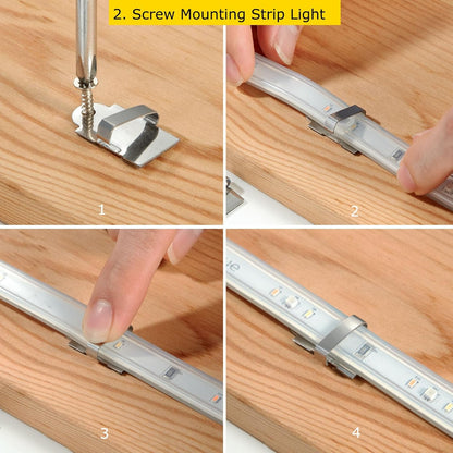 Threetwofour 100 Pack Double Installation LED Strip Light Mounting Bracket Self Adhesive LED Clips Only use for Width 8-10mm/0.31-0.39in Height<2.8mm/0.11in Indoor LED Strip Light with 102PCS Screws